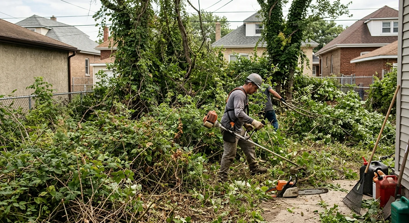 Overgrown backyard brush and undergrowth before clearing on a Cicero residential property