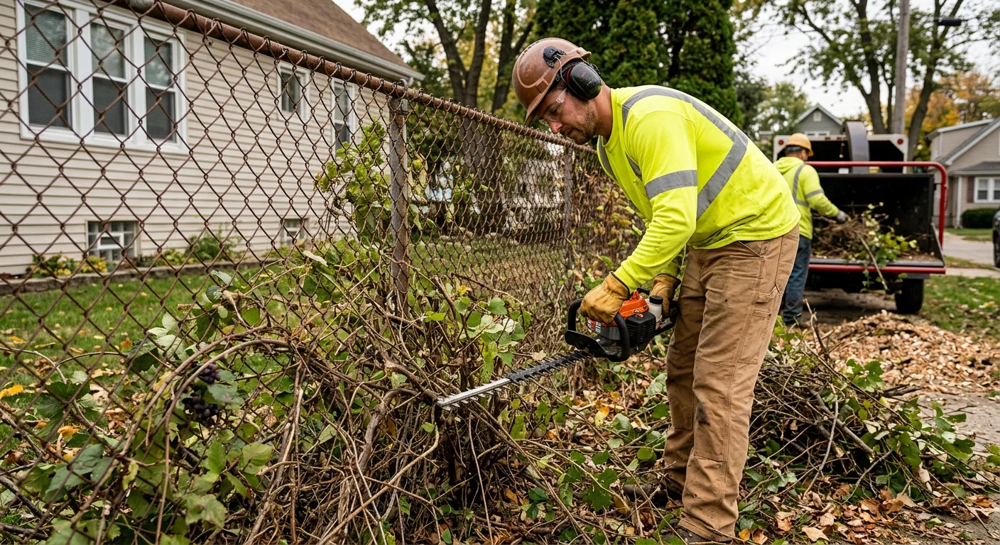 Close-up of thorny undergrowth and saplings cleared from a residential fence line in Cicero