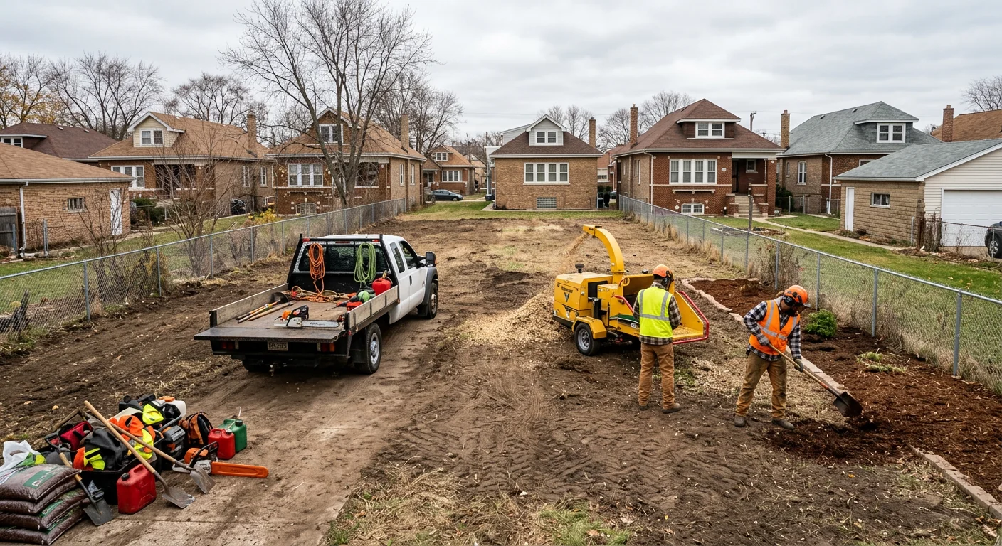 Wide view of a fully cleared backyard lot restored after heavy brush removal in Cicero