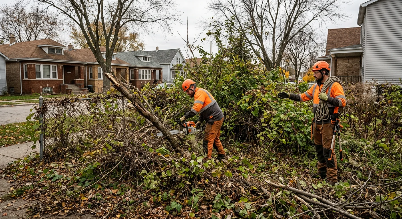 Overgrown neglected corner lot before brush removal work began in a Cicero neighborhood
