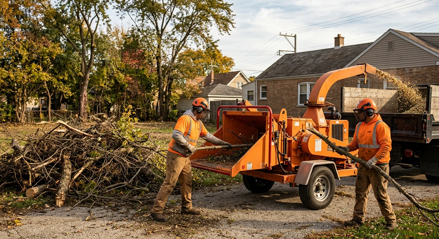 Wood chipper processing brush piles during a lot clearing job in Cicero