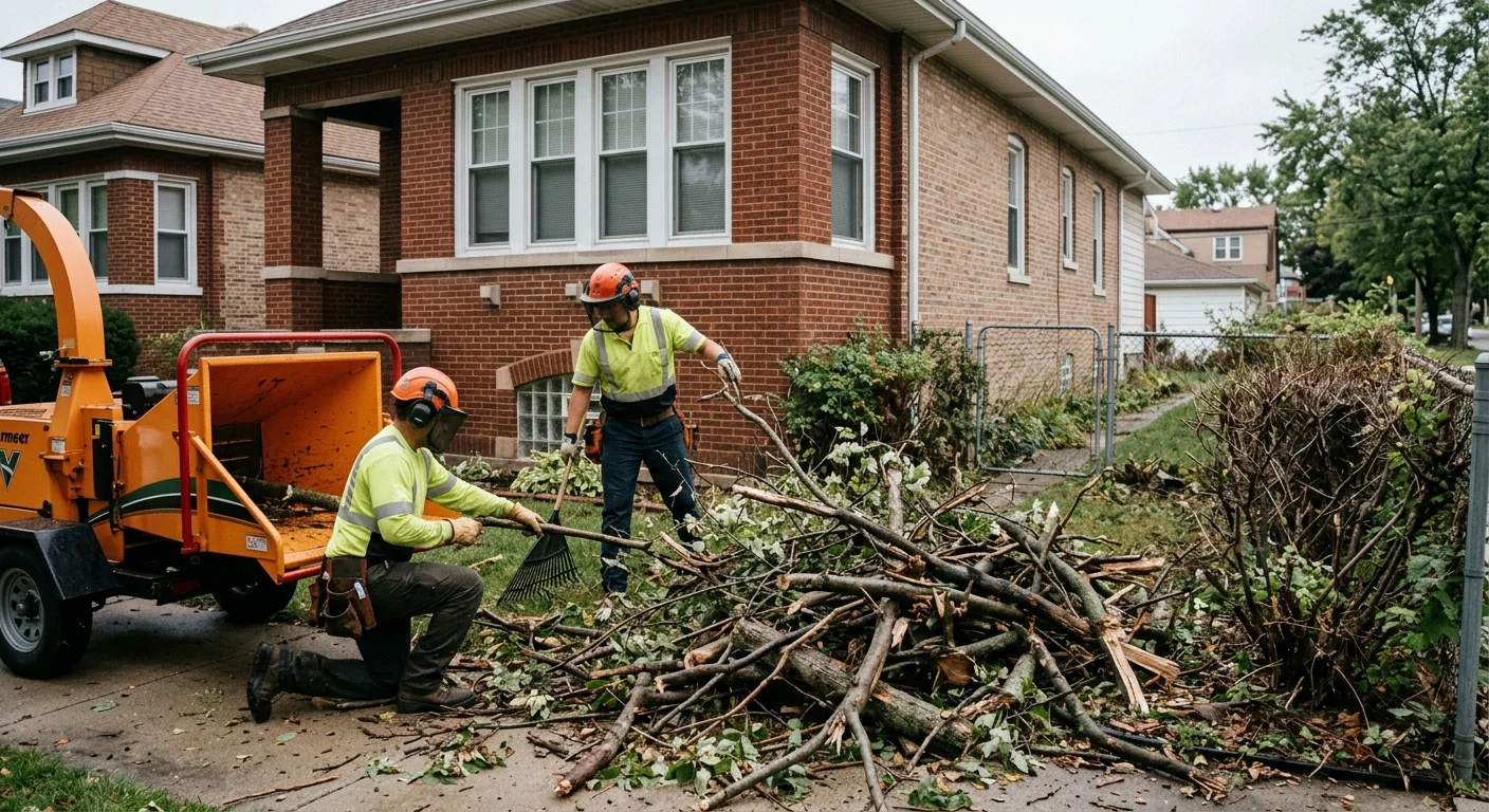 Storm-damaged brush and fallen limbs piled along a residential side yard in Cicero