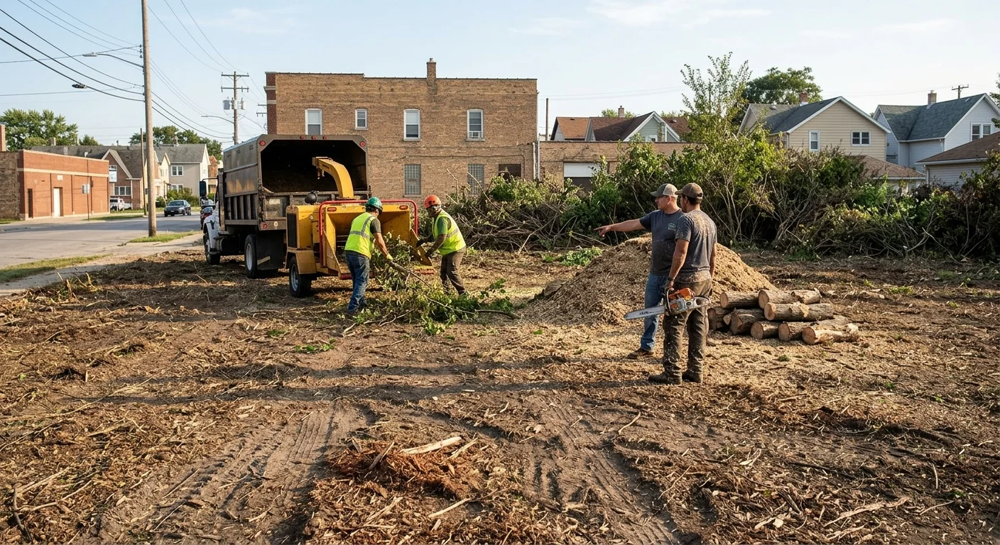 Commercial lot cleared of dense overgrowth showing restored usable space in Cicero