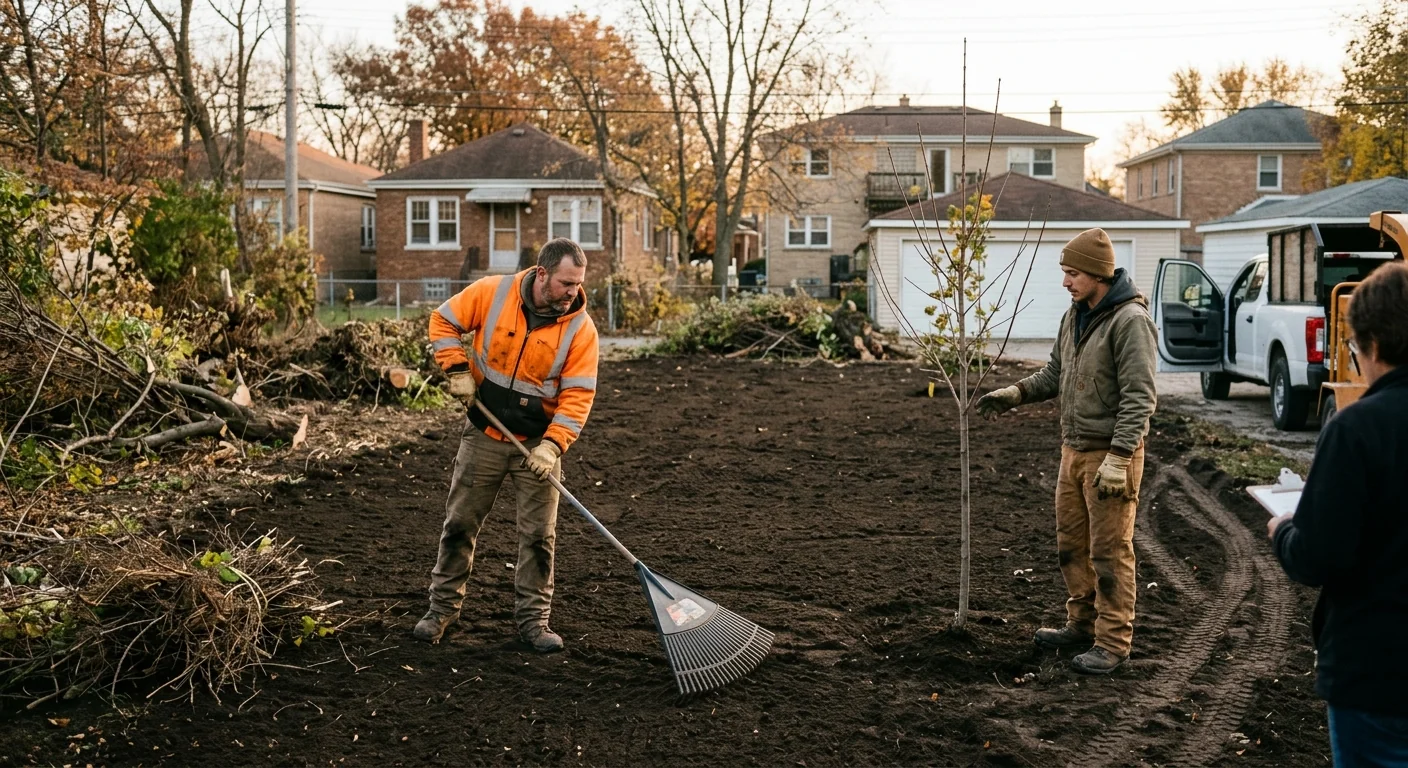 Raked and tidy soil surface after debris hauling on a restored Cicero yard