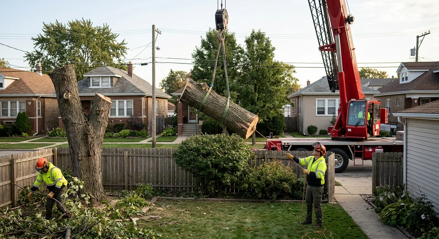 Crane lifting a large tree section over a Cicero backyard during removal