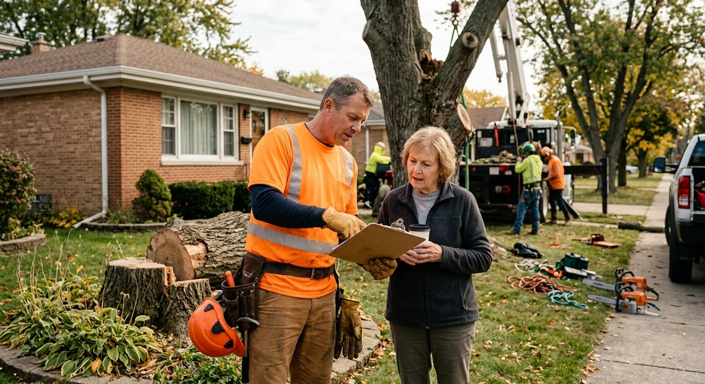 Arborist reviewing a written crane tree removal estimate with a local homeowner