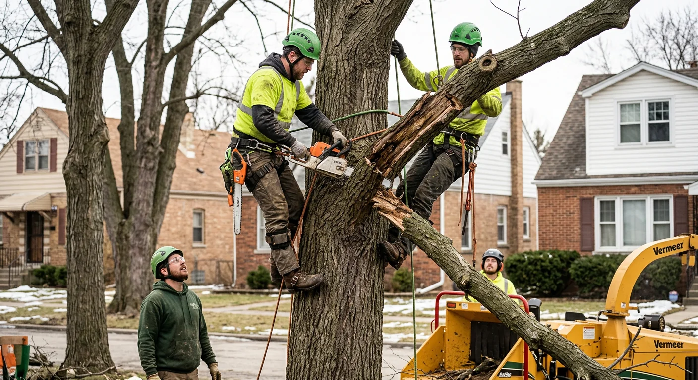 Crane lifting a large tree section over a Cicero residential property