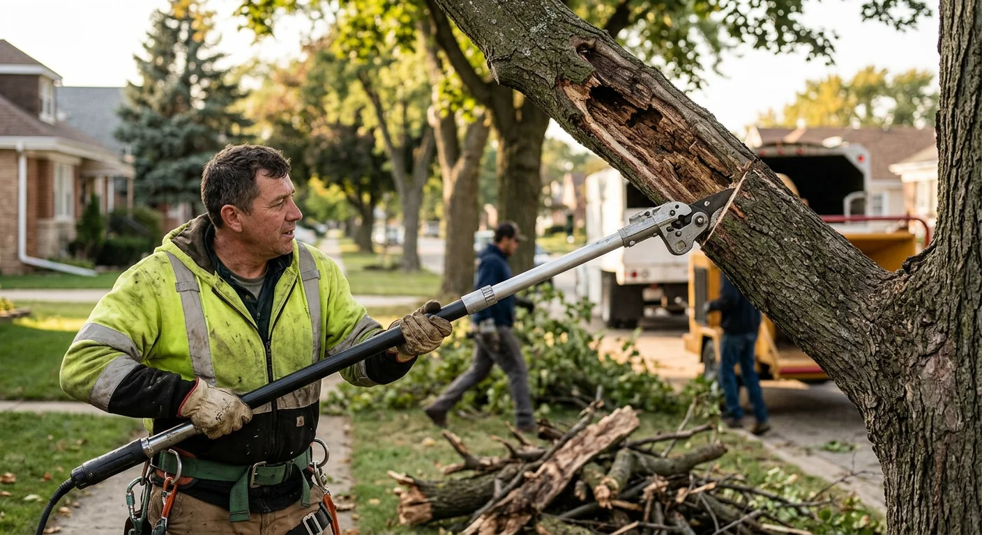Crane crew rigging a split hardwood trunk near close neighboring houses