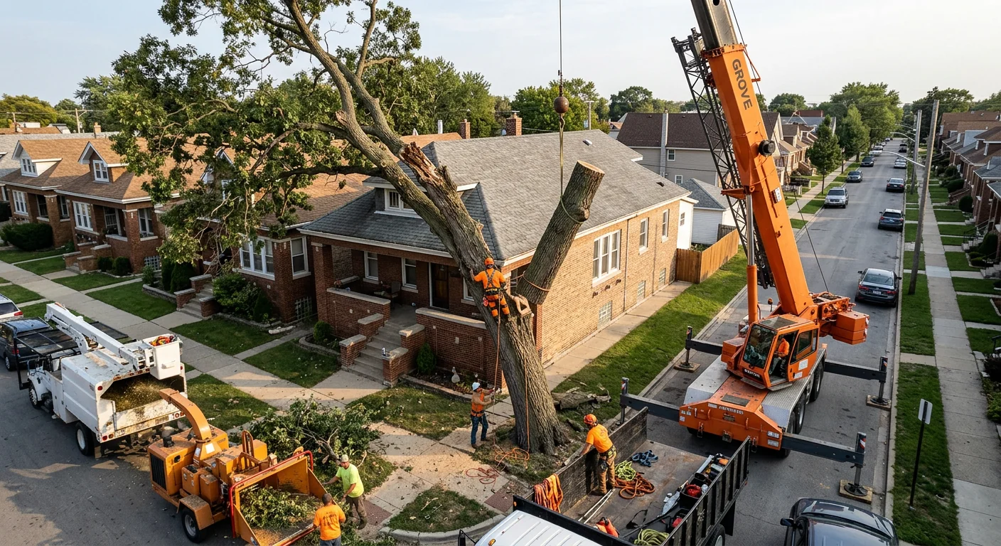 Crane removing a towering oak beside a Cicero bungalow on a narrow lot
