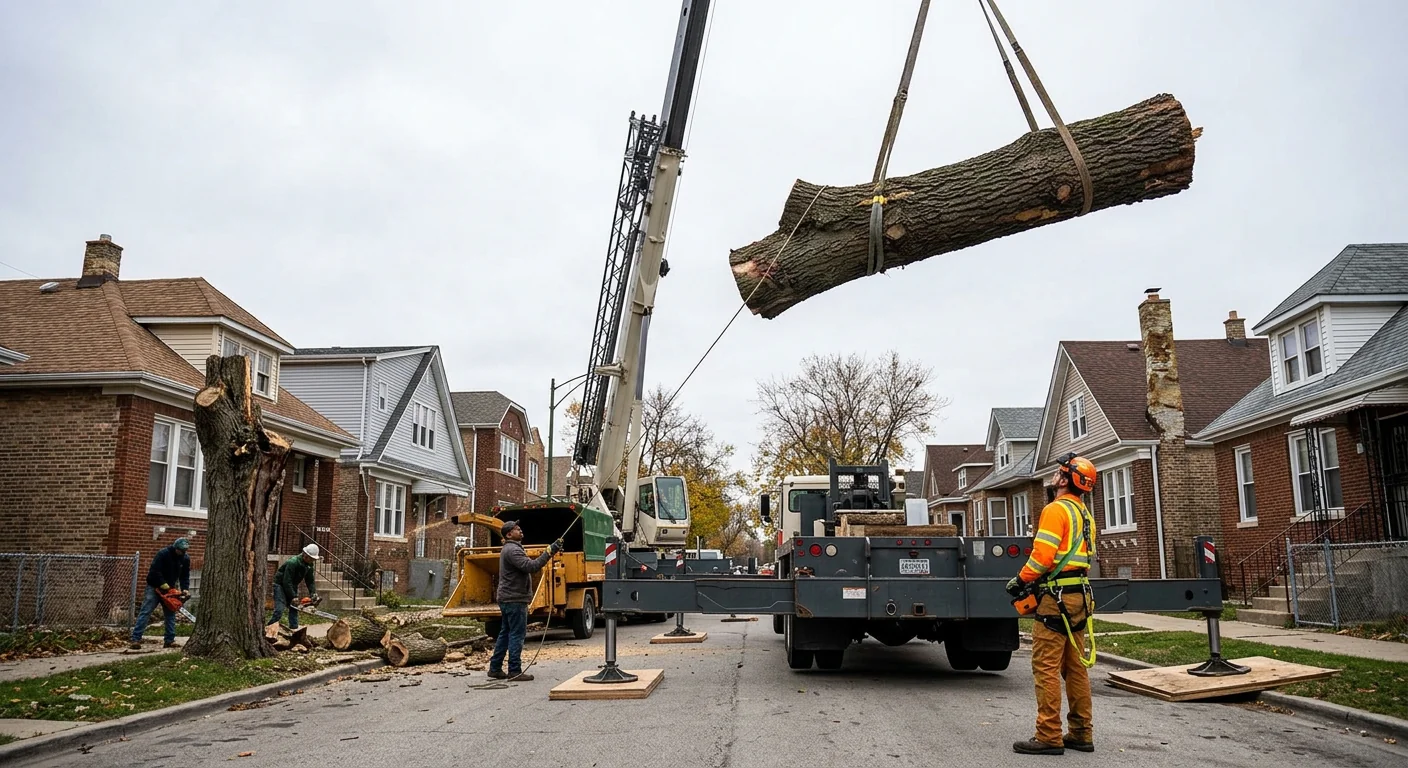 Crane boom lifting a heavy trunk section over rooftops during Cicero removal