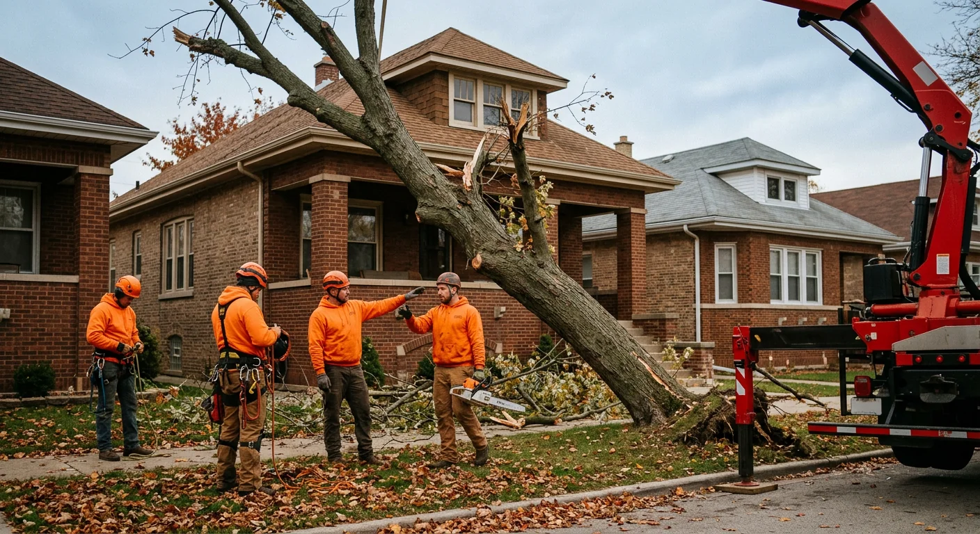 Storm-damaged maple leaning toward a Cicero home before crane removal begins