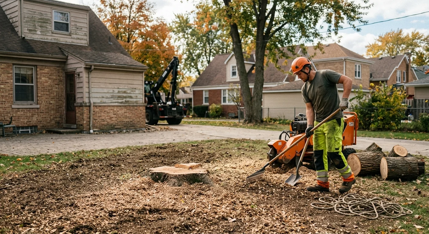 Cleared backyard with ground stump after crane tree removal in Cicero