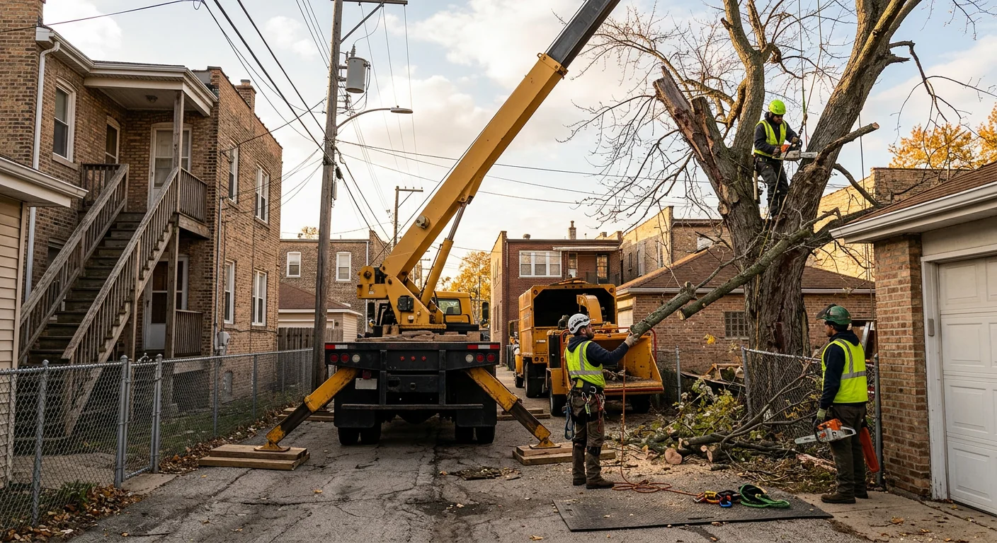 Crane staged with outriggers in a tight Cicero alley for tree removal