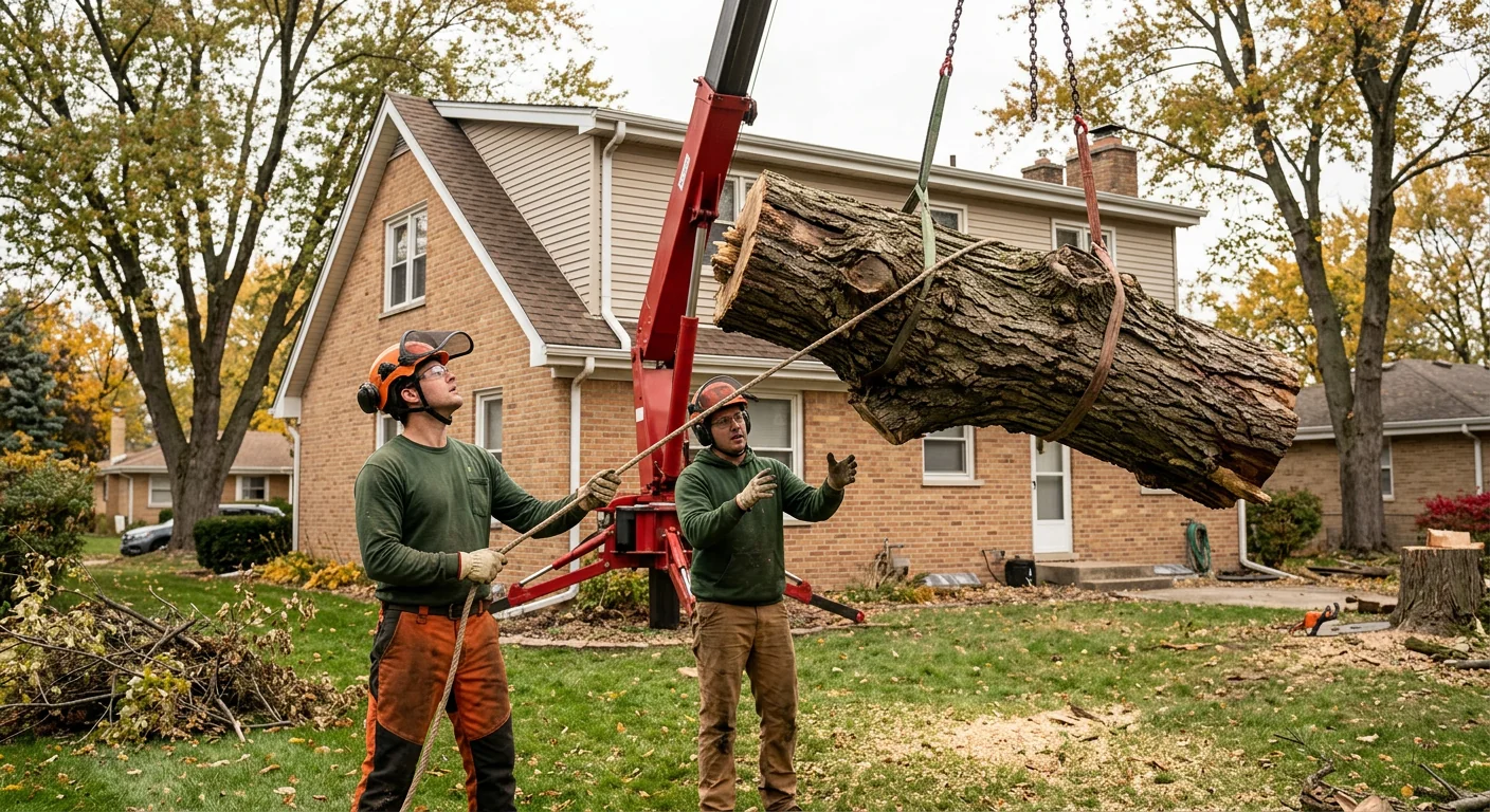 Ground crew guiding a suspended tree section during a residential crane lift