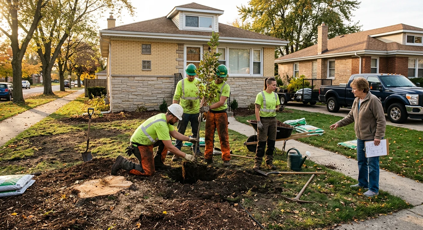 Restored front yard replanting site after hazardous tree removal in Cicero