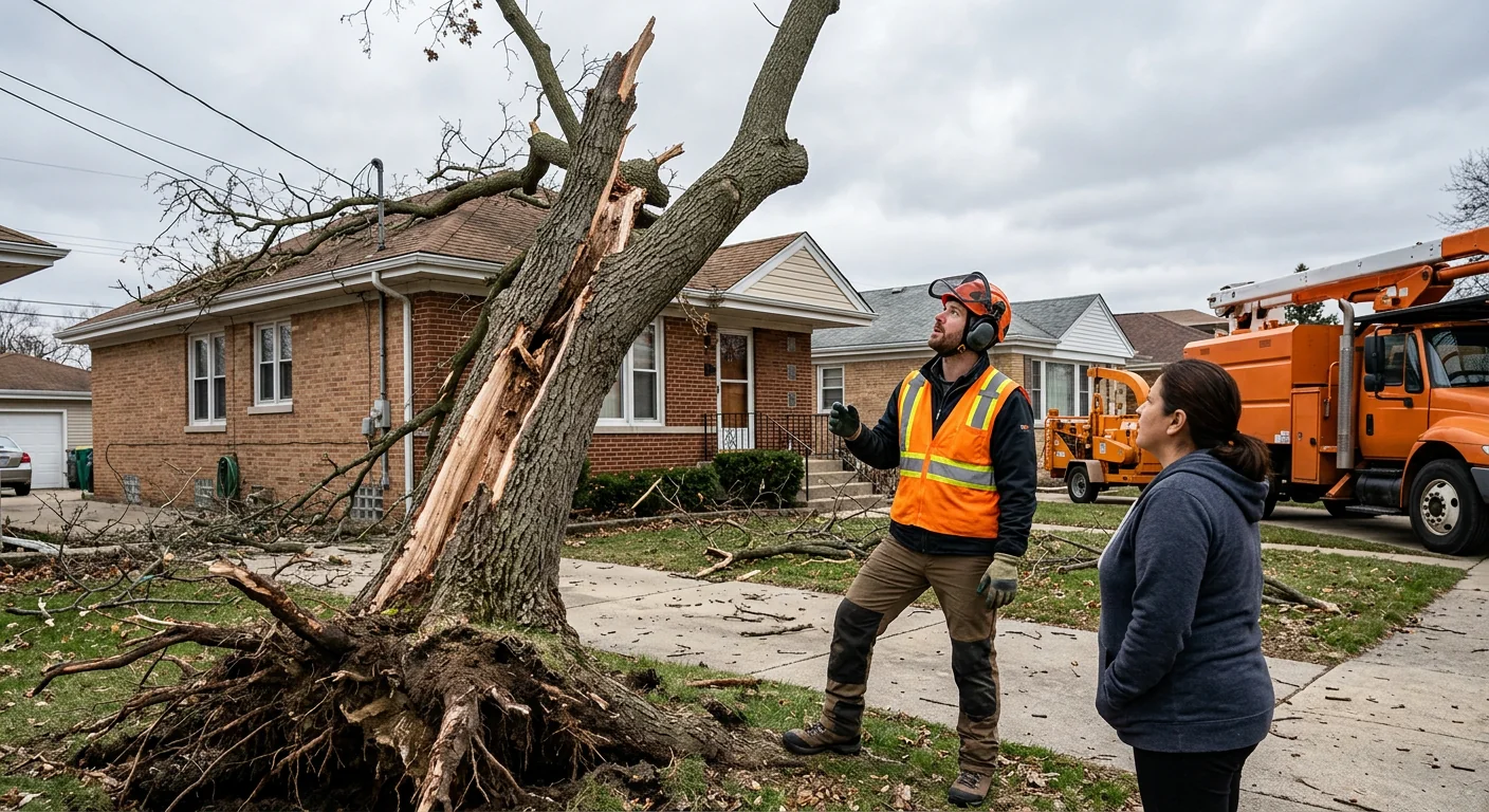 Arborist assessing a storm-damaged tree leaning over a Cicero home before removal