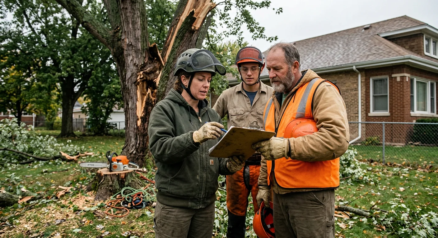 Crew reviewing a written emergency tree service estimate in a residential yard