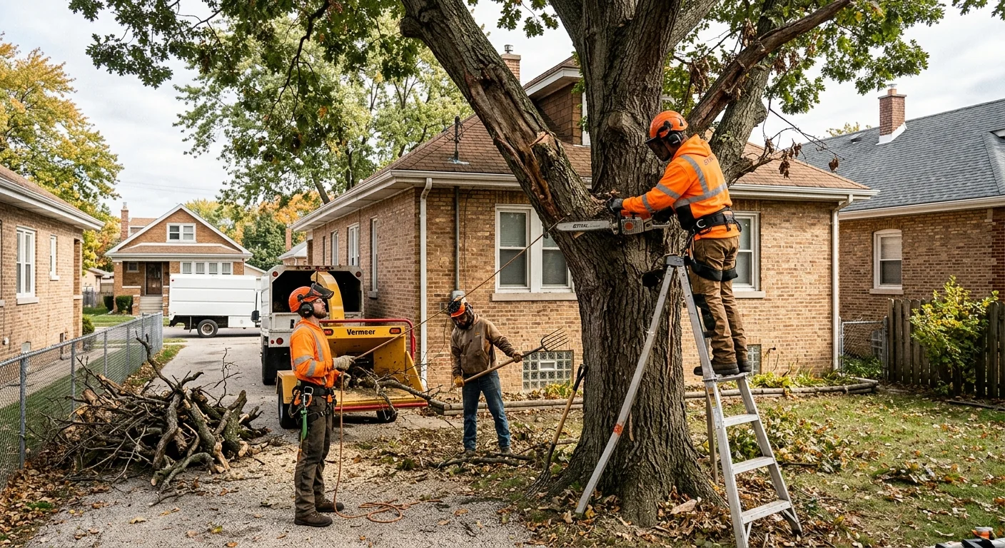 Tree crew clearing a storm-damaged limb from a Cicero home driveway
