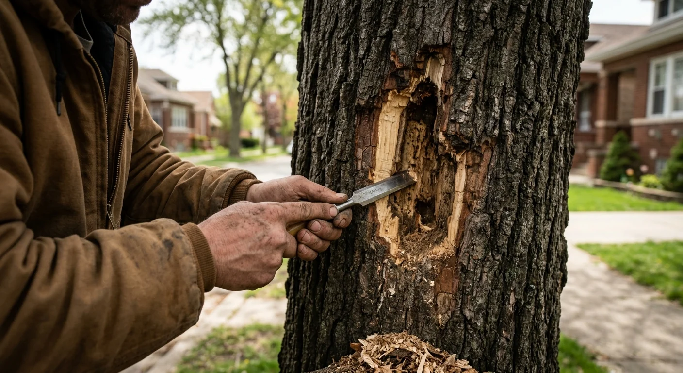 Split trunk and hanging limb threatening a fenced backyard