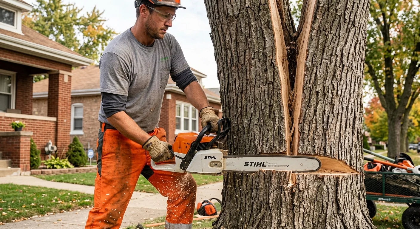 Close-up of a split maple trunk being sectioned during emergency removal