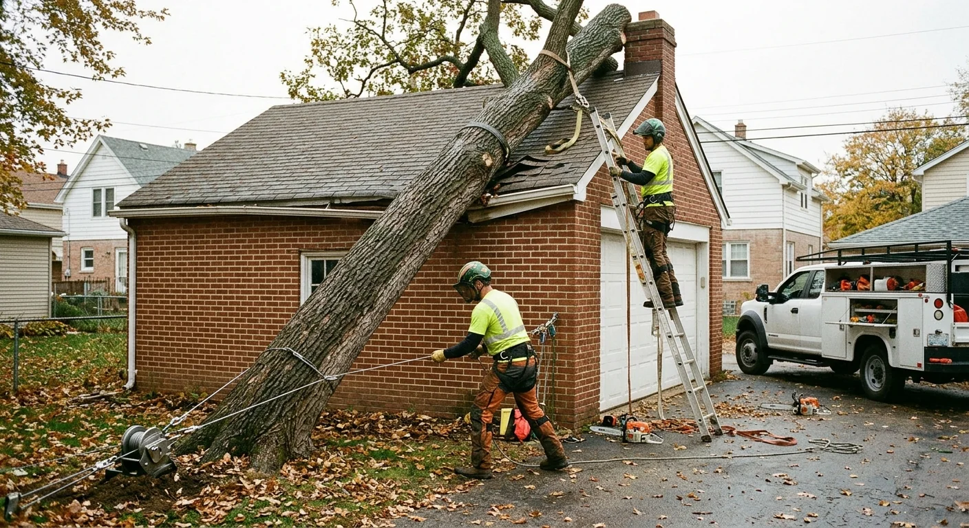 Large tree leaning against a garage roof before emergency stabilization work