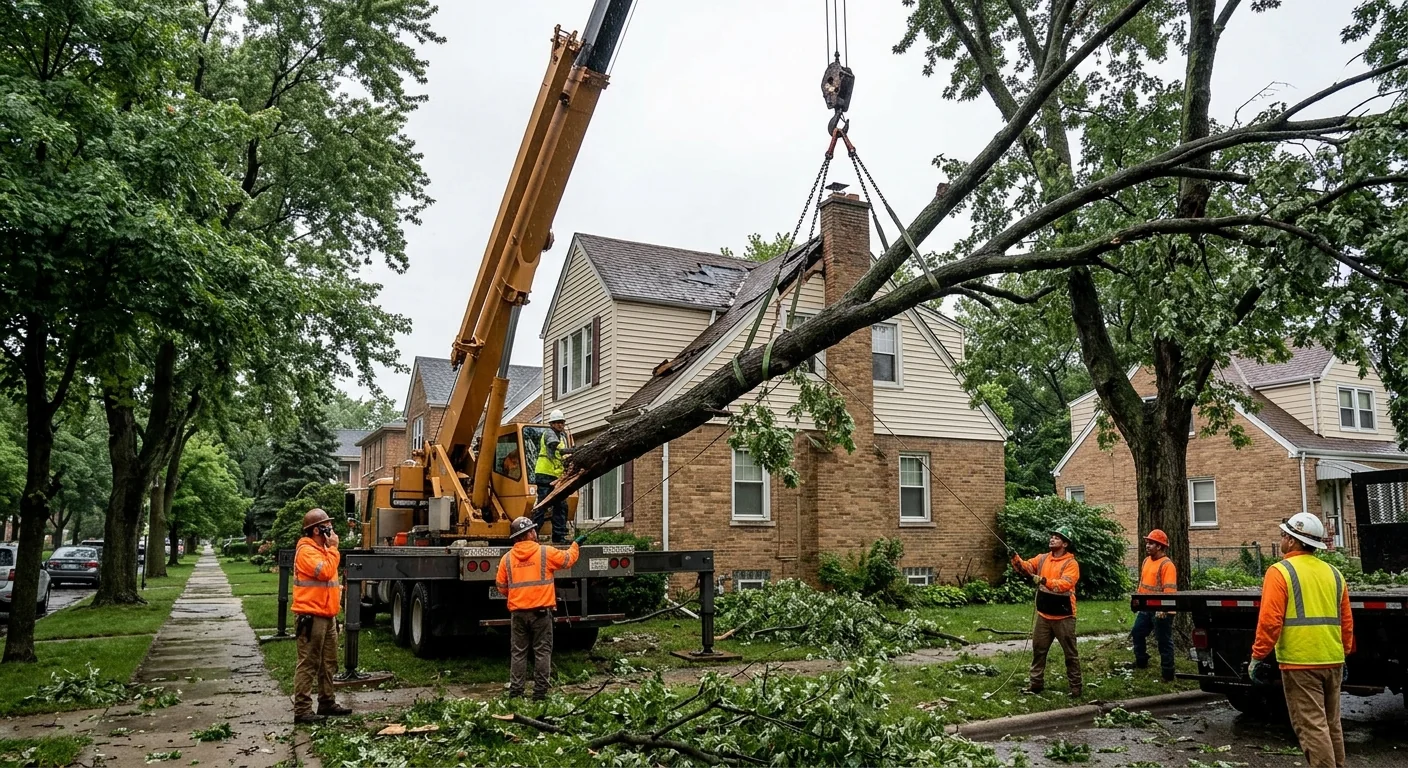 Crane lifting a heavy limb away from a home during storm cleanup