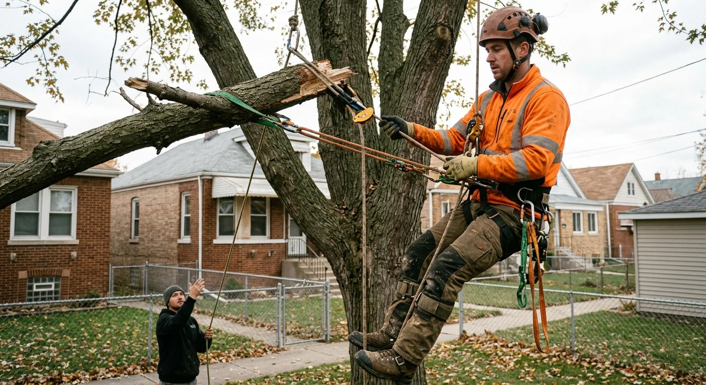 Arborist rigging ropes to lower a broken branch safely to ground
