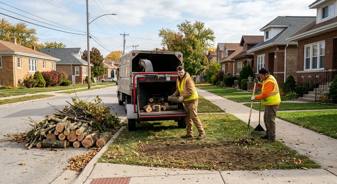 Neighborhood street cleared of fallen brush after a windstorm event