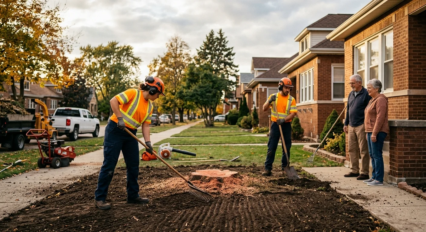 Tidy front yard with ground stump and raked area after removal