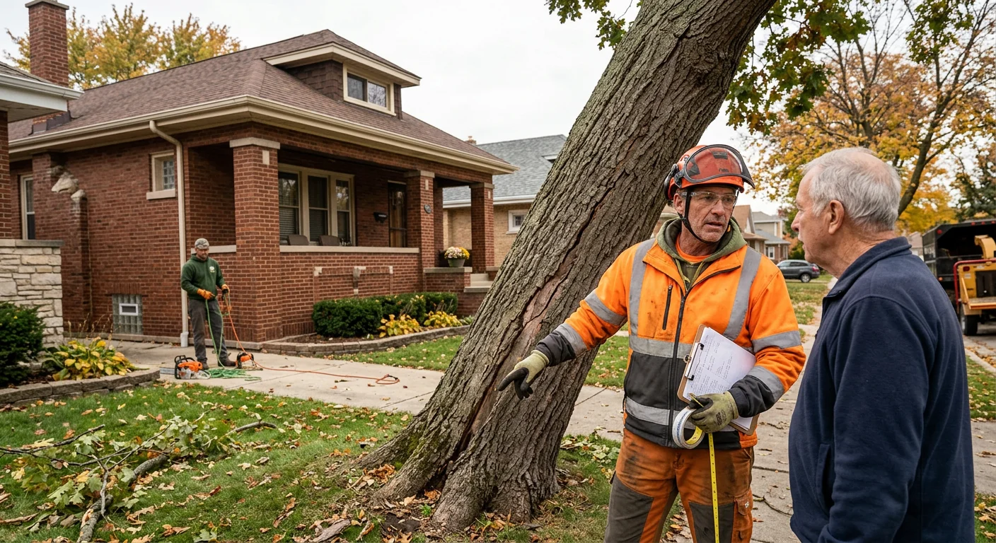 Arborist assessing a leaning storm-damaged tree beside a Cicero home