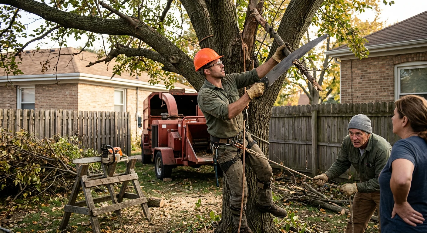 Arborist assessing a leaning hazardous tree near a Cicero home