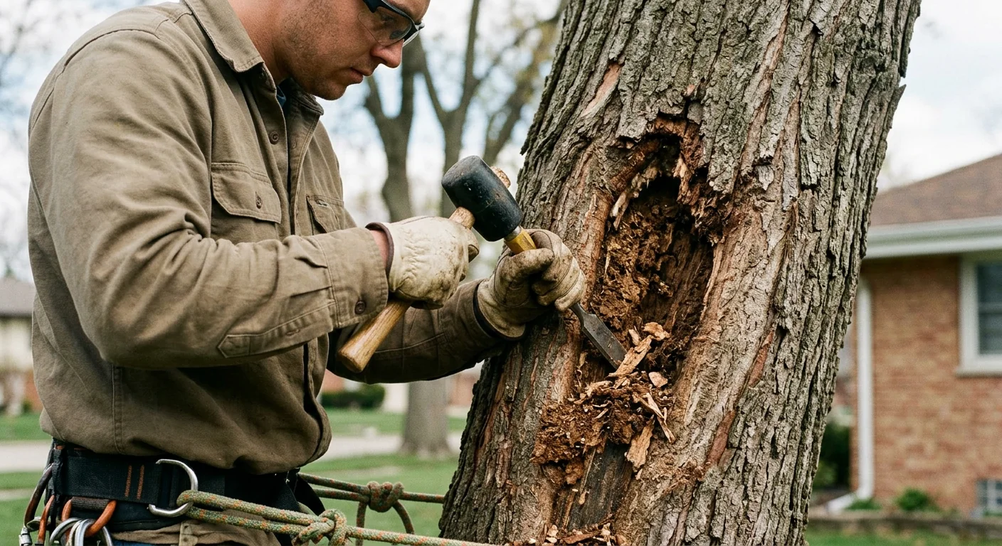 Decayed trunk base with fungal conks on an aging neighborhood tree