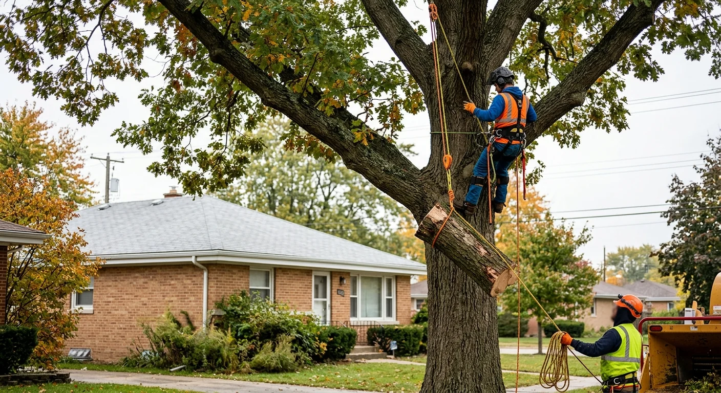 Crew lowering a large oak section away from a bungalow roof