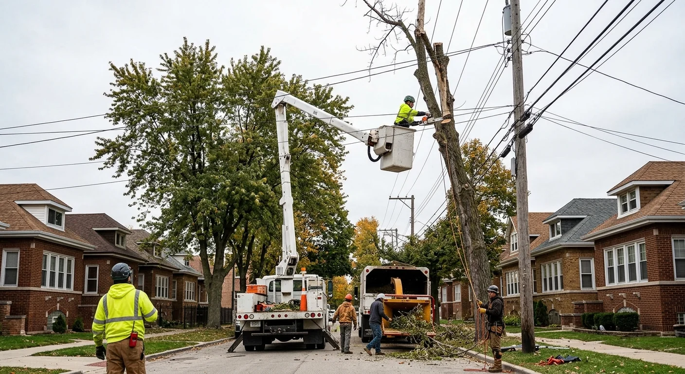 Tall decayed poplar being removed carefully near overhead utility lines