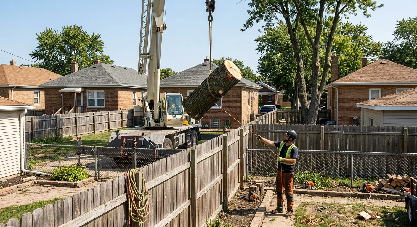 Crane lifting a maple trunk section over a shared backyard fence