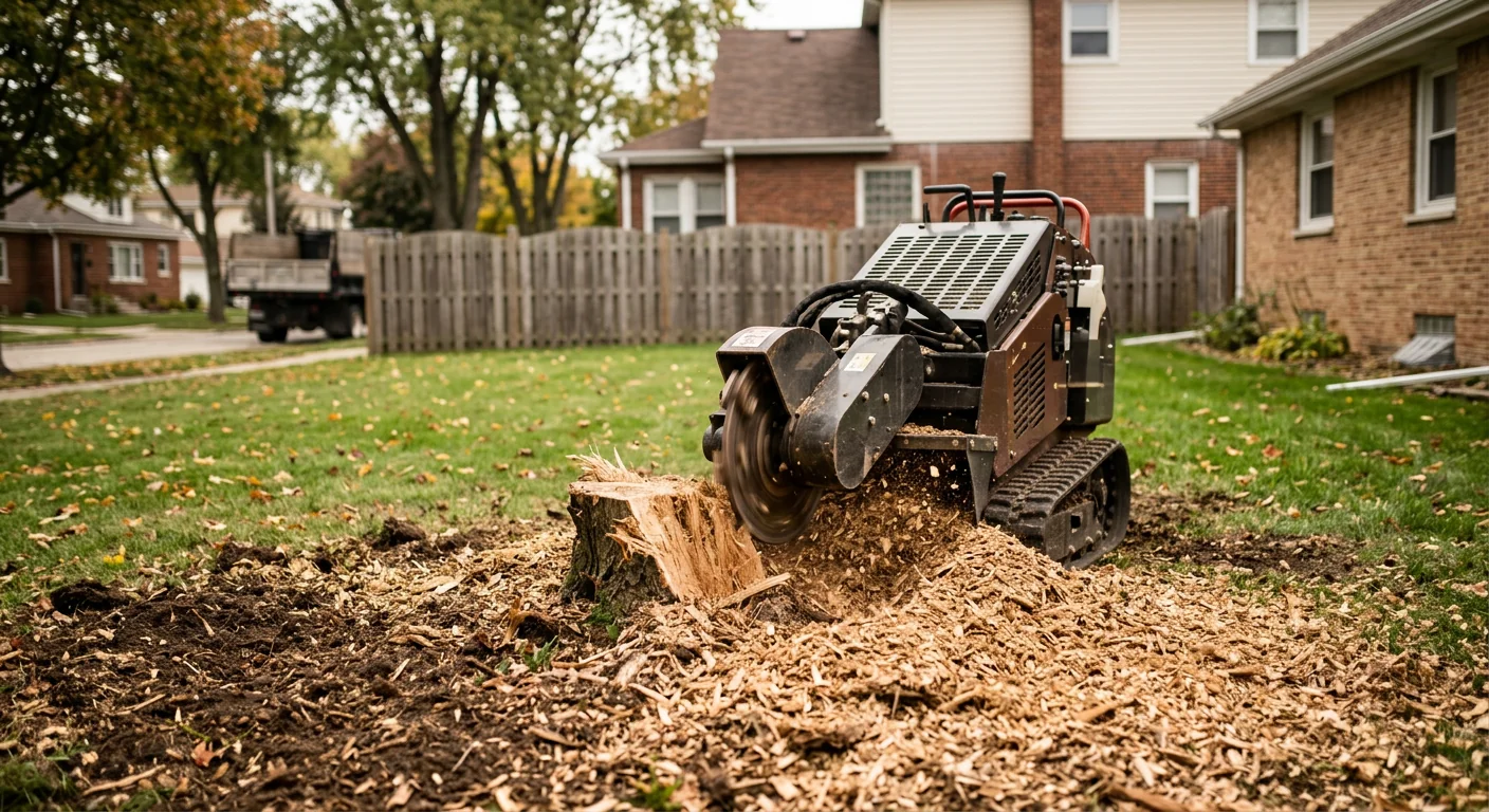 Stump grinder reducing an elm stump below grade in a backyard