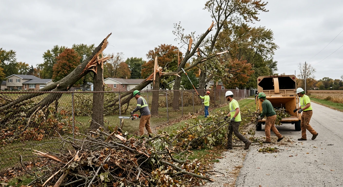 Crew clearing a row of storm-damaged trees along a property edge