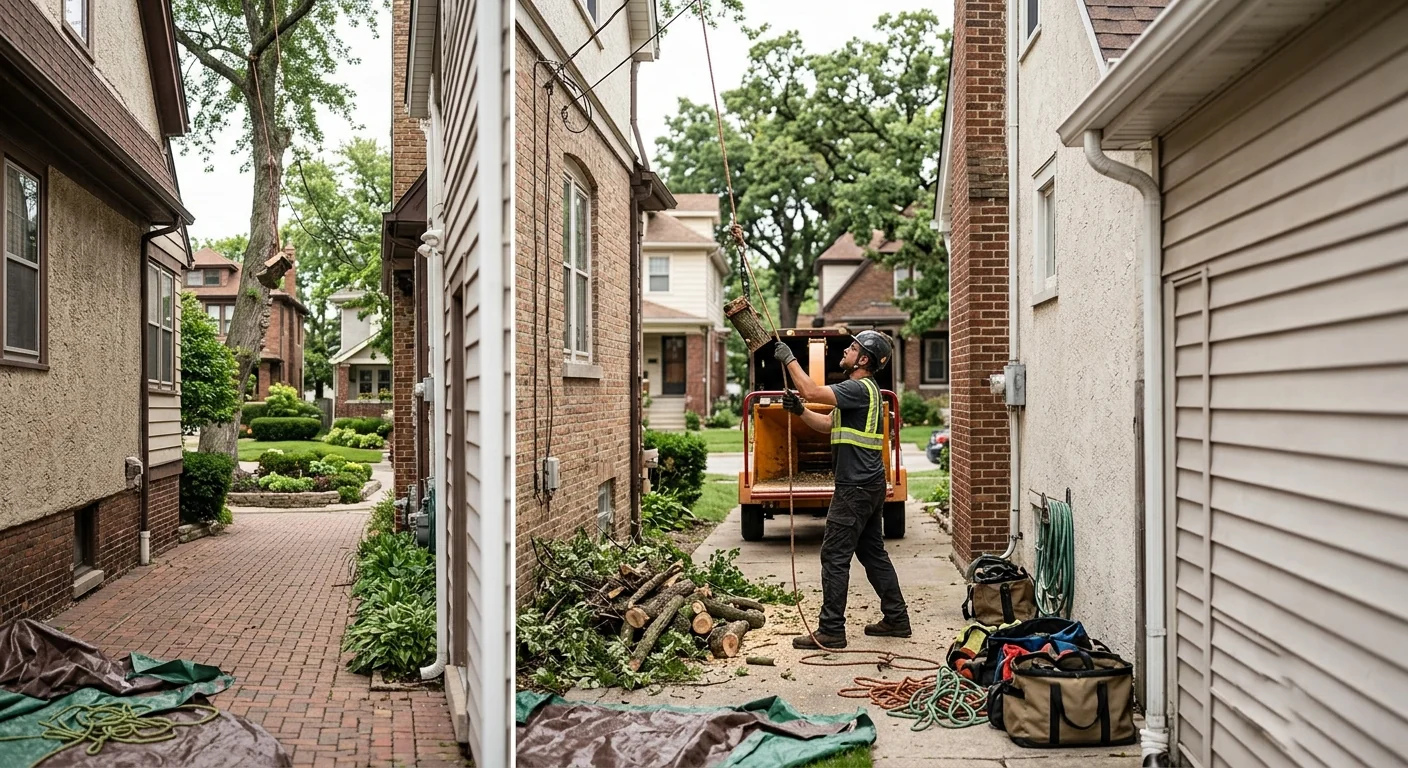 Sectional tree removal in a narrow gap between two homes