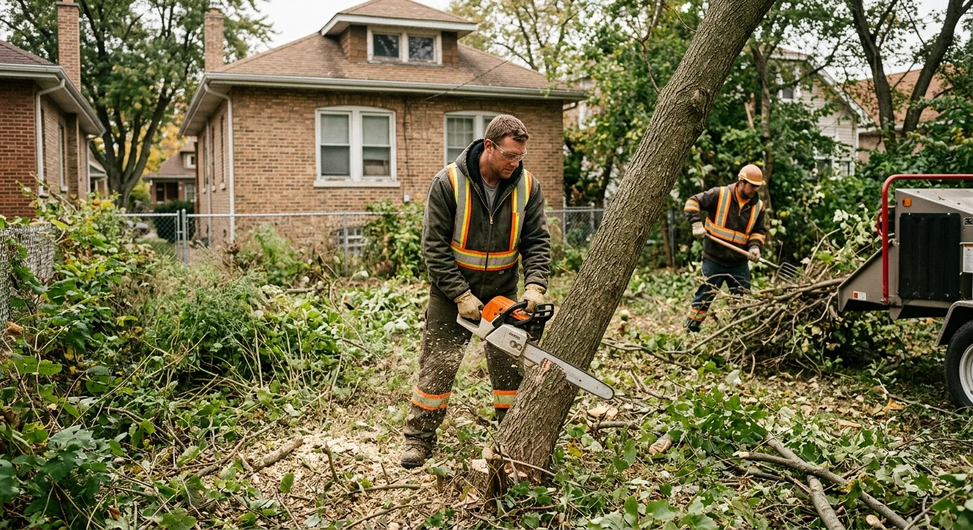Overgrown residential lot being cleared of brush and small trees in Cicero