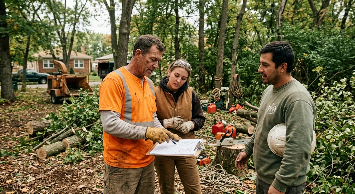 Crew reviewing a written clearing estimate on a wooded property