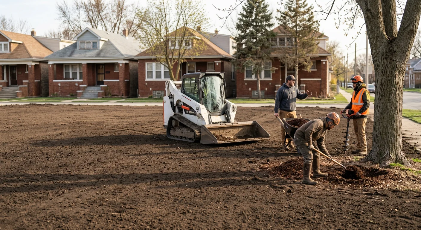Wide view of a cleared residential lot with graded soil ready for new use