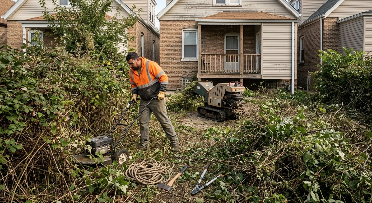 Overgrown neglected backyard thick with brush before clearing work began