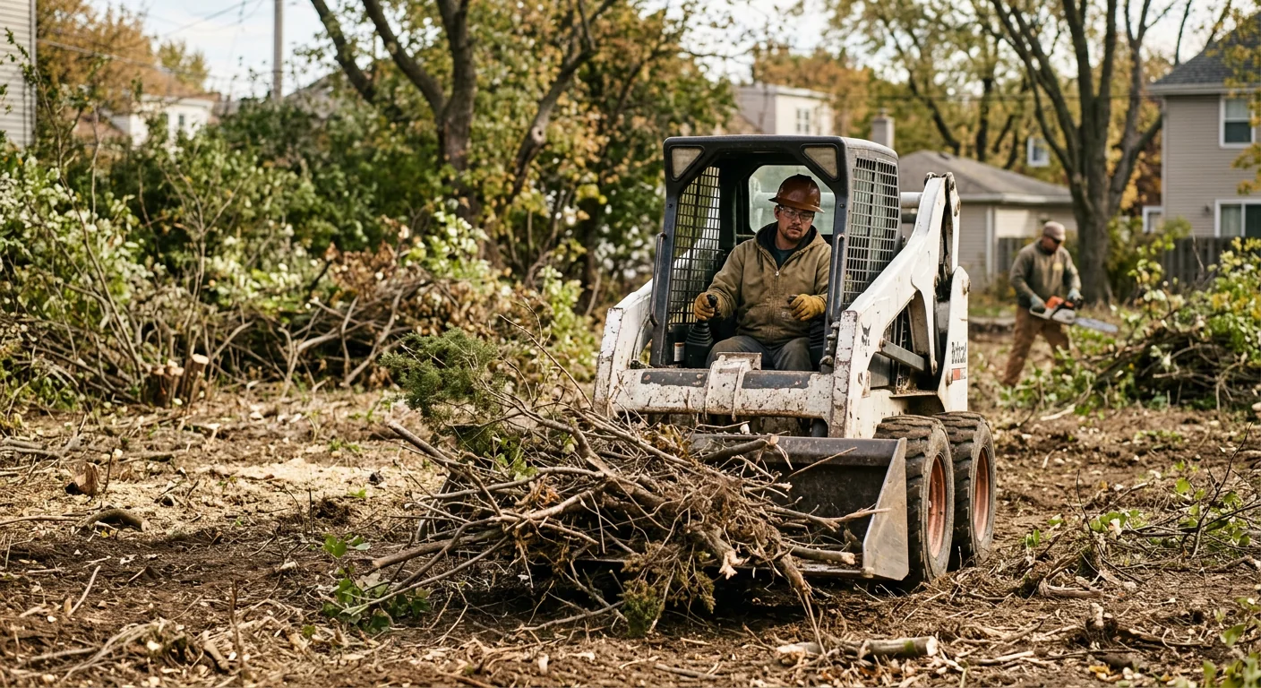 Skid steer pushing cut brush and small trees across a cleared parcel