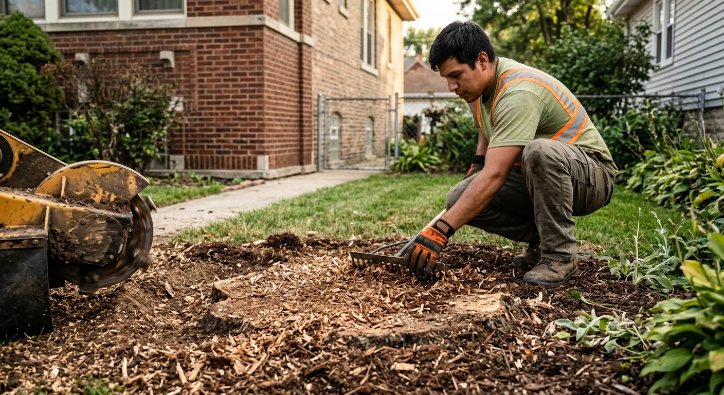 Close-up of a freshly ground stump level with the surrounding soil