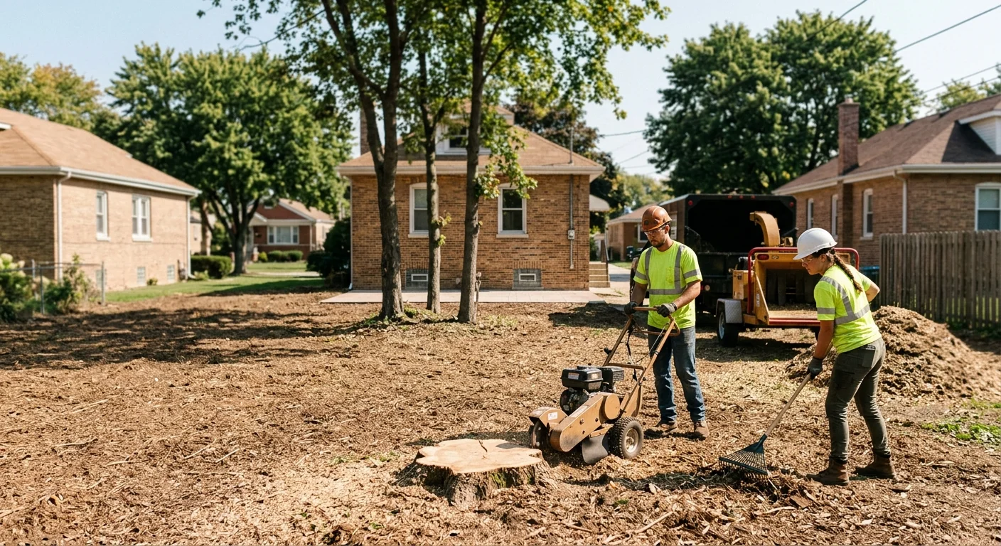 Restored open lot behind an older neighborhood home after full clearing