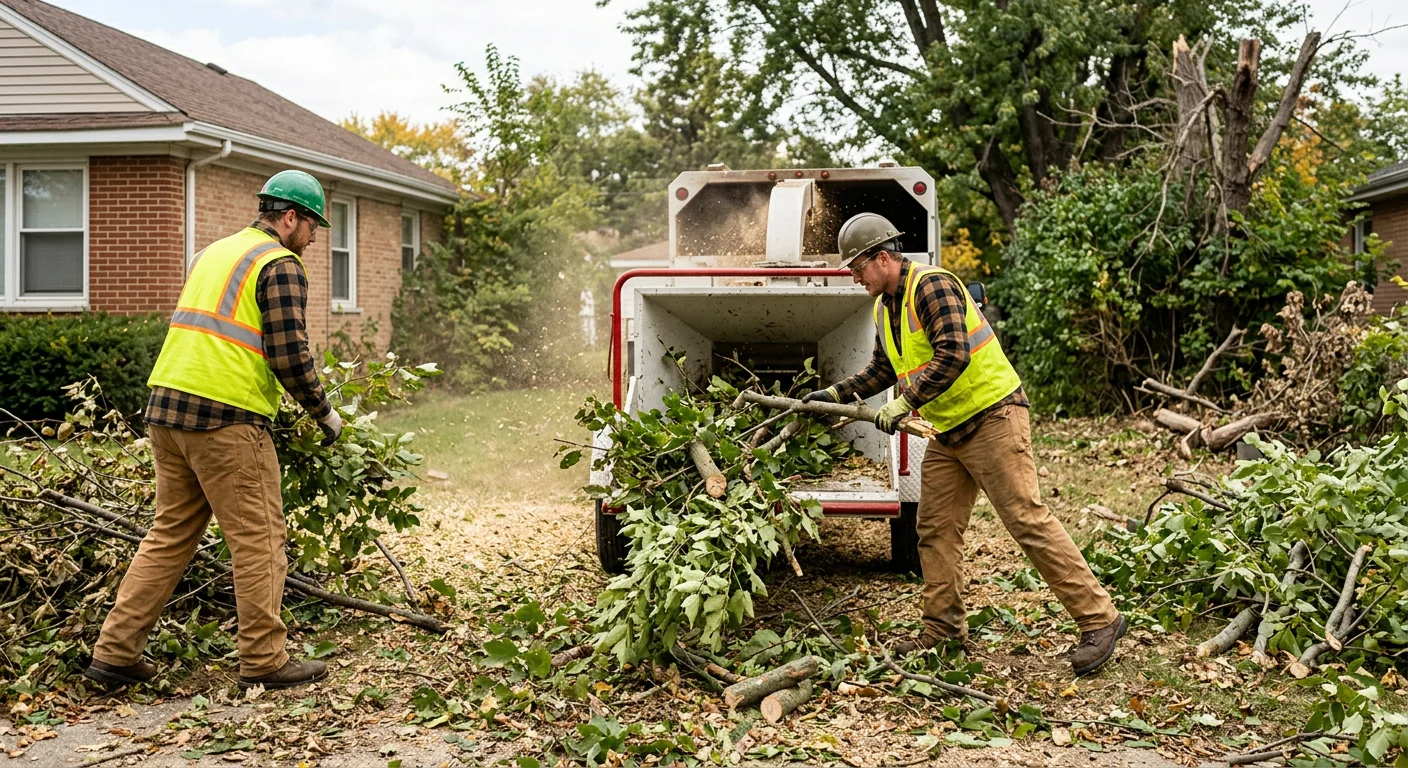 Wood chipper processing branches during a side-lot clearing job