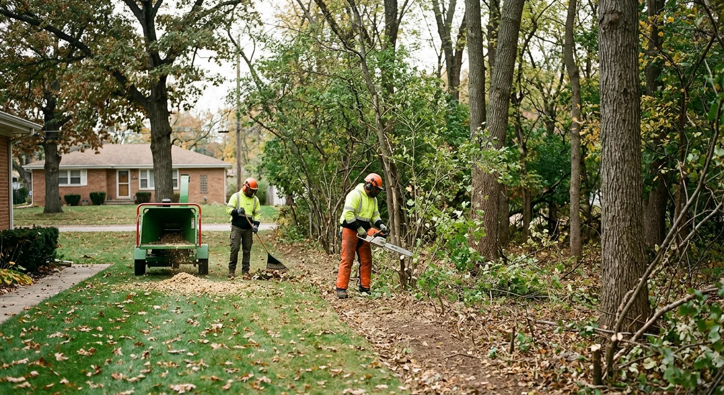 Cleared property line separating a home yard from reclaimed wooded ground