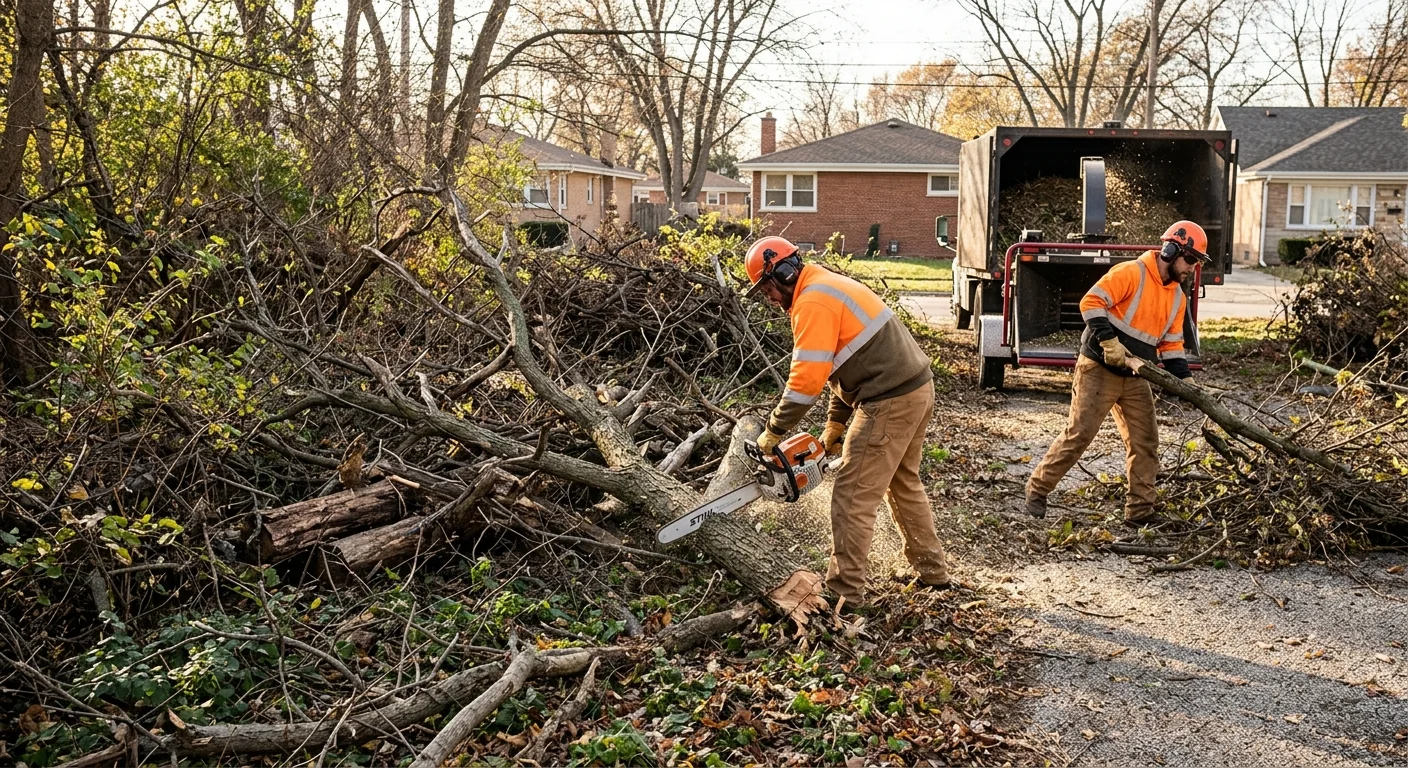 Dense undergrowth and fallen limbs on a neglected parcel awaiting cleanup