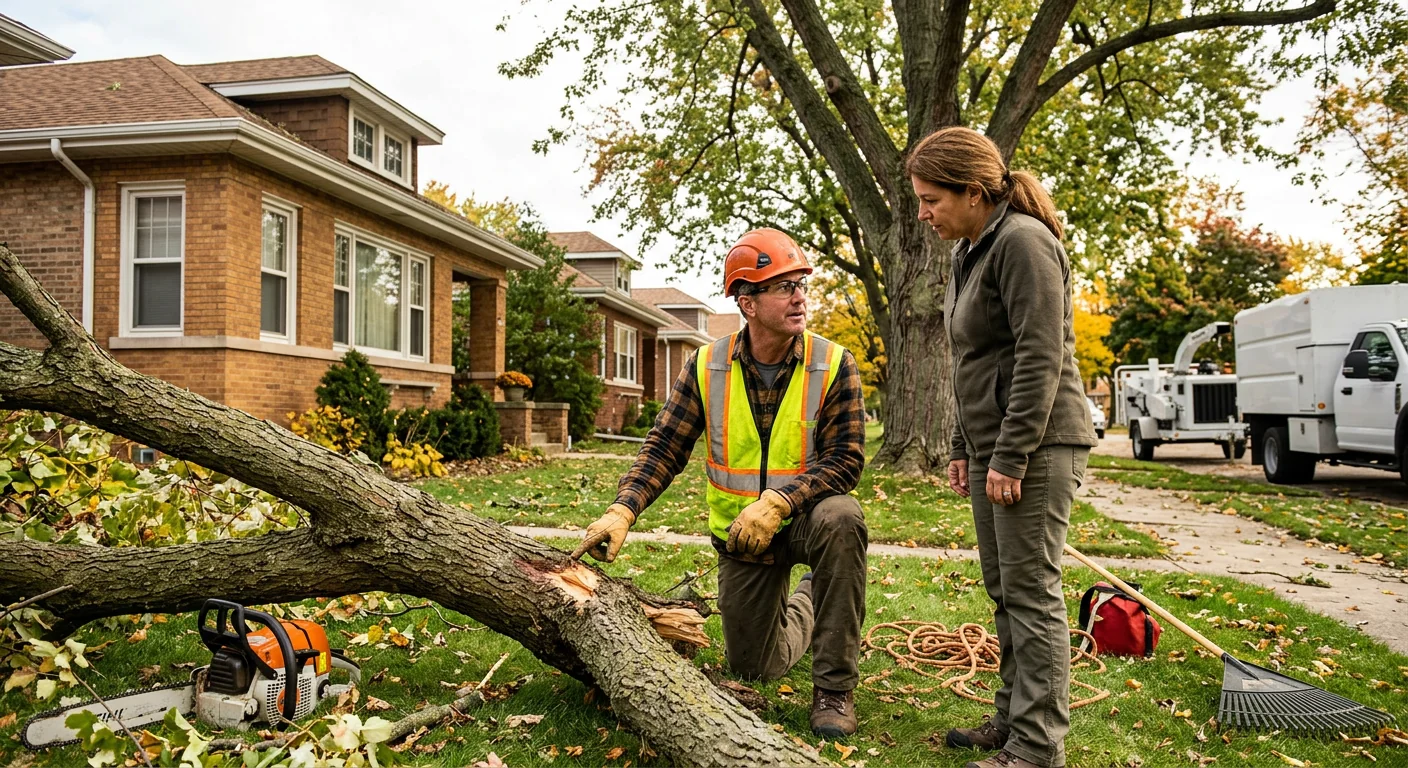 Crew assessing fallen storm limbs near a Cicero home during cleanup estimate