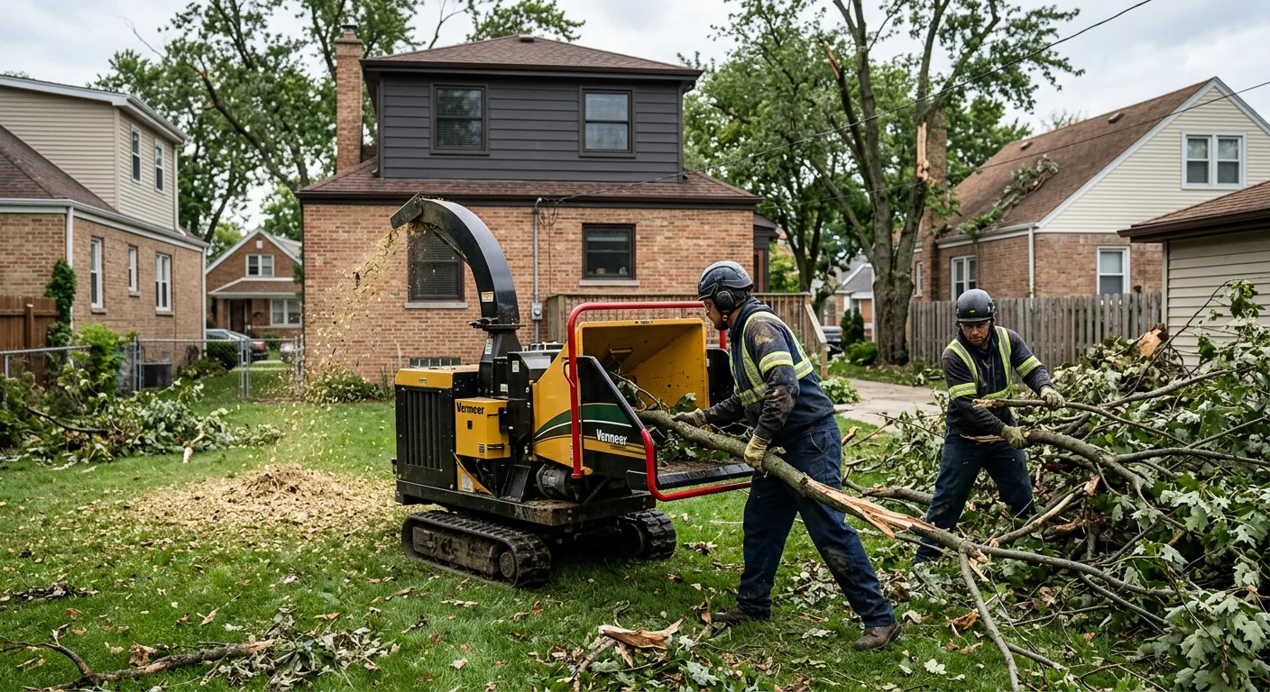 Chipper processing broken branches after a storm in a Cicero neighborhood yard